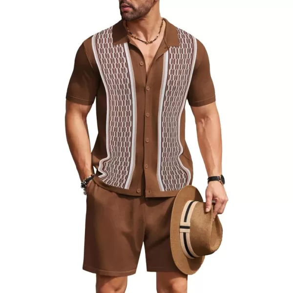 COOFANDY Men's 2 Piece Outfit Vintage Short Sleeve Button Down Knit Polo Shirts Casual Beach Shorts Sets