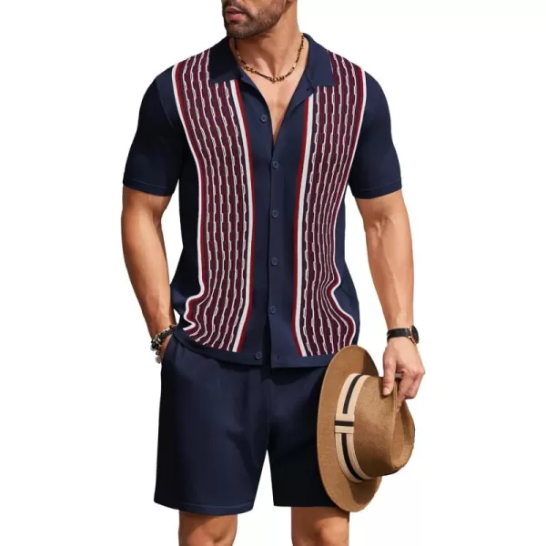 COOFANDY Men's 2 Piece Outfit Vintage Short Sleeve Button Down Knit Polo Shirts Casual Beach Shorts Sets