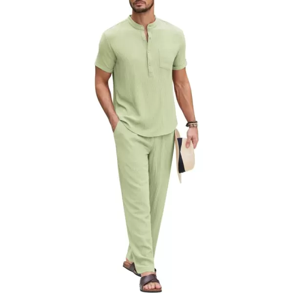 COOFANDY Men's 2 Pieces Cotton Linen Set Casual Short Sleeve Henley Shirts Beach Yoga Pants Summer Outfits