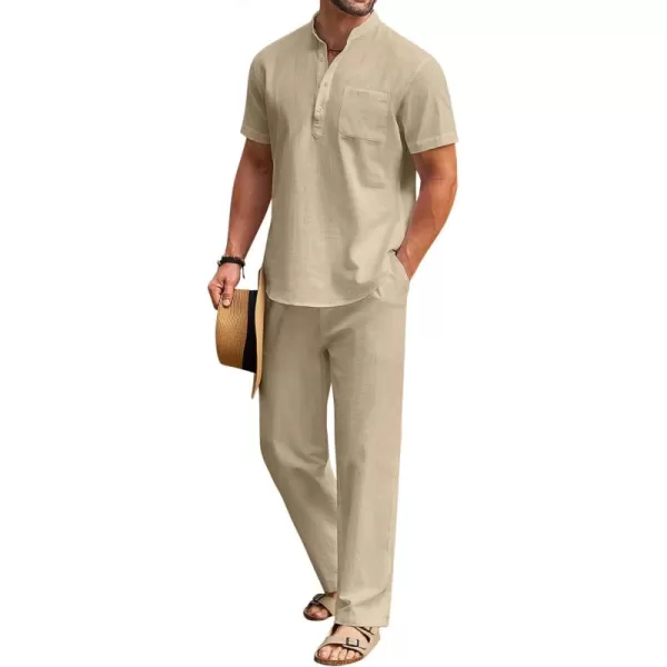 COOFANDY Men's 2 Pieces Cotton Linen Set Casual Short Sleeve Henley Shirts Beach Yoga Pants Summer Outfits