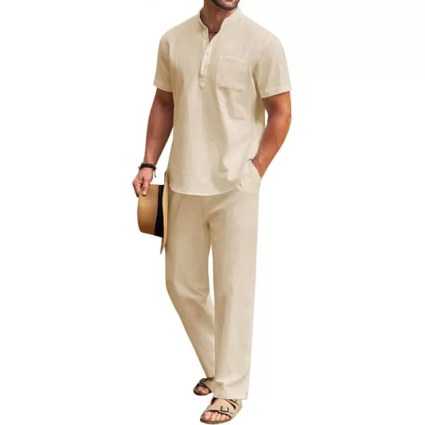 COOFANDY Men's 2 Pieces Cotton Linen Set Casual Short Sleeve Henley Shirts Beach Yoga Pants Summer Outfits