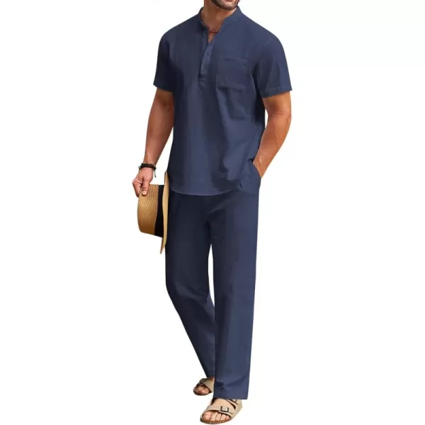 COOFANDY Men's 2 Pieces Cotton Linen Set Casual Short Sleeve Henley Shirts Beach Yoga Pants Summer Outfits
