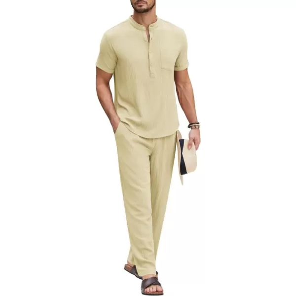 COOFANDY Men's 2 Pieces Cotton Linen Set Casual Short Sleeve Henley Shirts Beach Yoga Pants Summer Outfits