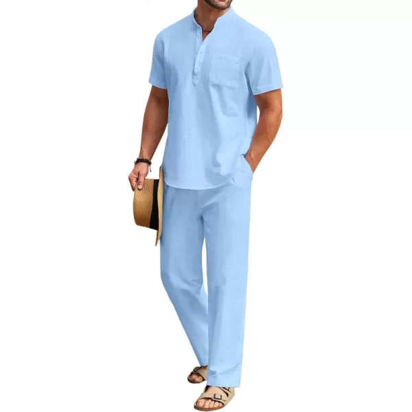 COOFANDY Men's 2 Pieces Cotton Linen Set Casual Short Sleeve Henley Shirts Beach Yoga Pants Summer Outfits