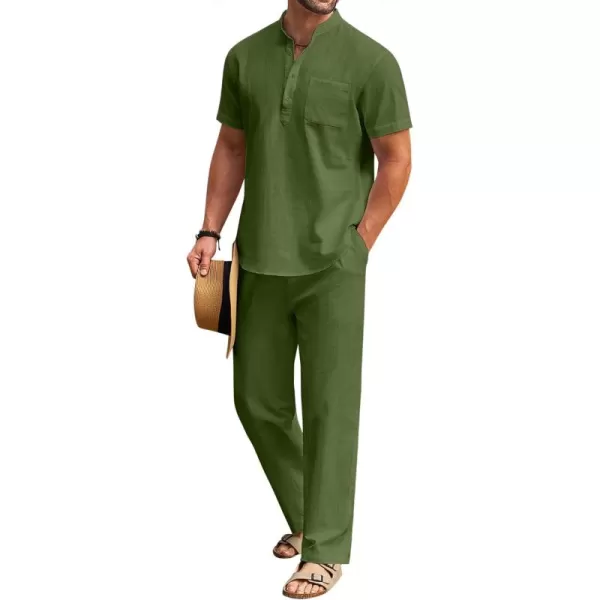 COOFANDY Men's 2 Pieces Cotton Linen Set Casual Short Sleeve Henley Shirts Beach Yoga Pants Summer Outfits