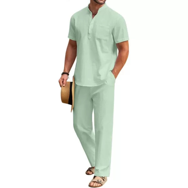 COOFANDY Men's 2 Pieces Cotton Linen Set Casual Short Sleeve Henley Shirts Beach Yoga Pants Summer Outfits