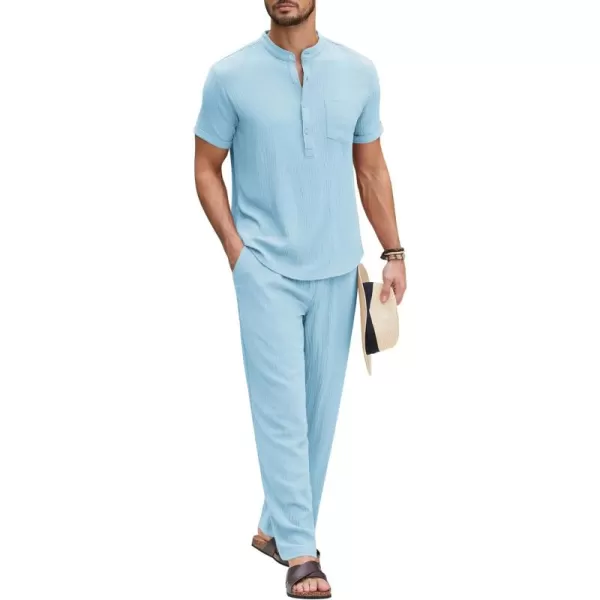 COOFANDY Men's 2 Pieces Cotton Linen Set Casual Short Sleeve Henley Shirts Beach Yoga Pants Summer Outfits
