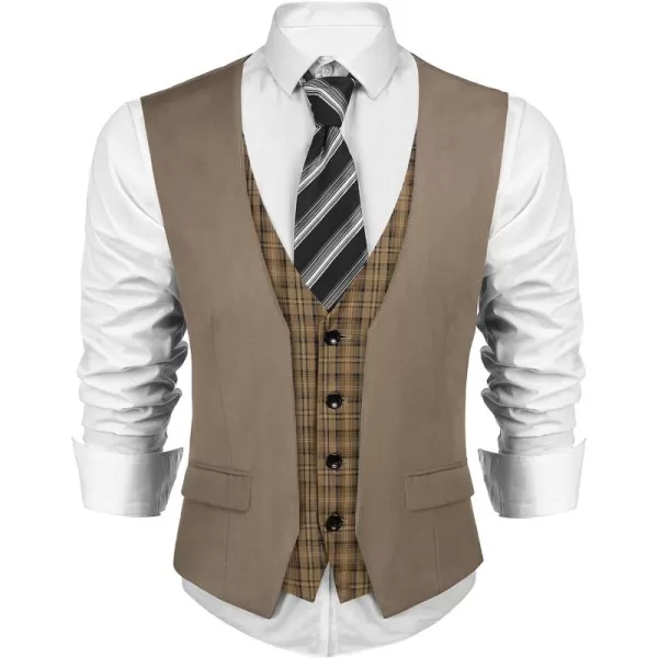COOFANDY Men's Business Suit Vest Layered Plaid Dress Vest Waistcoat for Wedding,Party