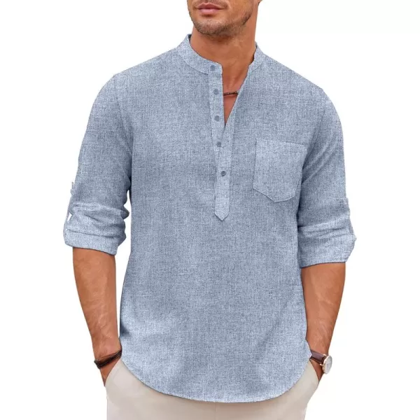 COOFANDY Men's Casual Henley Shirts Long Sleeve Band Collar Summer Linen Beach Hippie T Shirts with Pocket