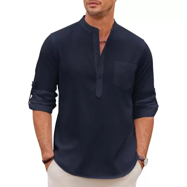 COOFANDY Men's Casual Henley Shirts Long Sleeve Band Collar Summer Linen Beach Hippie T Shirts with Pocket