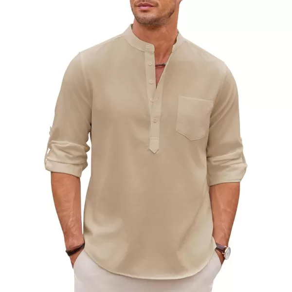 COOFANDY Men's Casual Henley Shirts Long Sleeve Band Collar Summer Linen Beach Hippie T Shirts with Pocket
