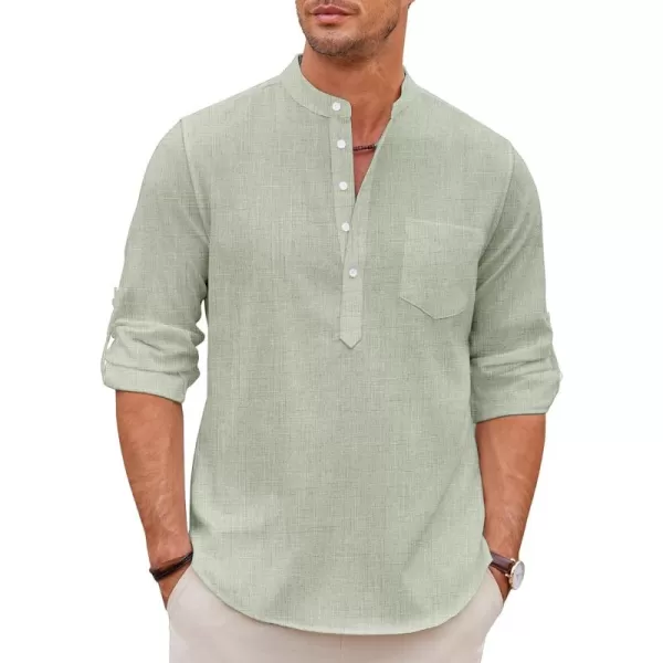 COOFANDY Men's Casual Henley Shirts Long Sleeve Band Collar Summer Linen Beach Hippie T Shirts with Pocket