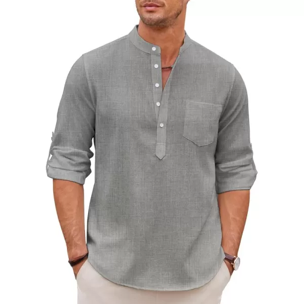 COOFANDY Men's Casual Henley Shirts Long Sleeve Band Collar Summer Linen Beach Hippie T Shirts with Pocket
