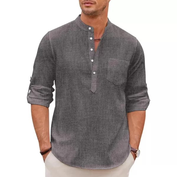 COOFANDY Men's Casual Henley Shirts Long Sleeve Band Collar Summer Linen Beach Hippie T Shirts with Pocket