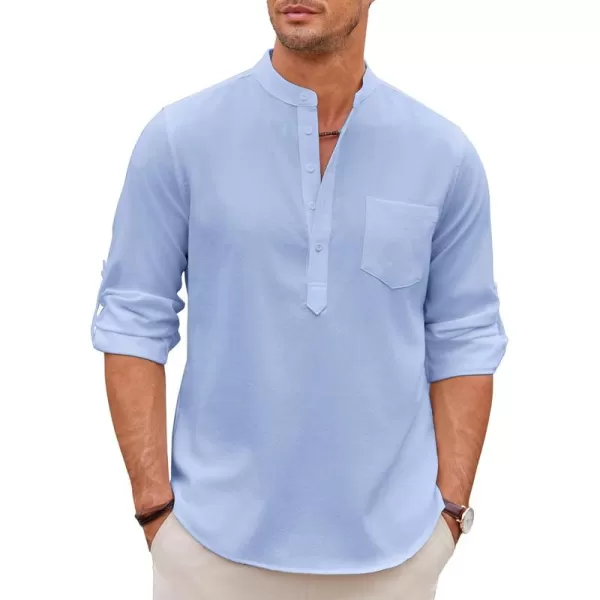 COOFANDY Men's Casual Henley Shirts Long Sleeve Band Collar Summer Linen Beach Hippie T Shirts with Pocket