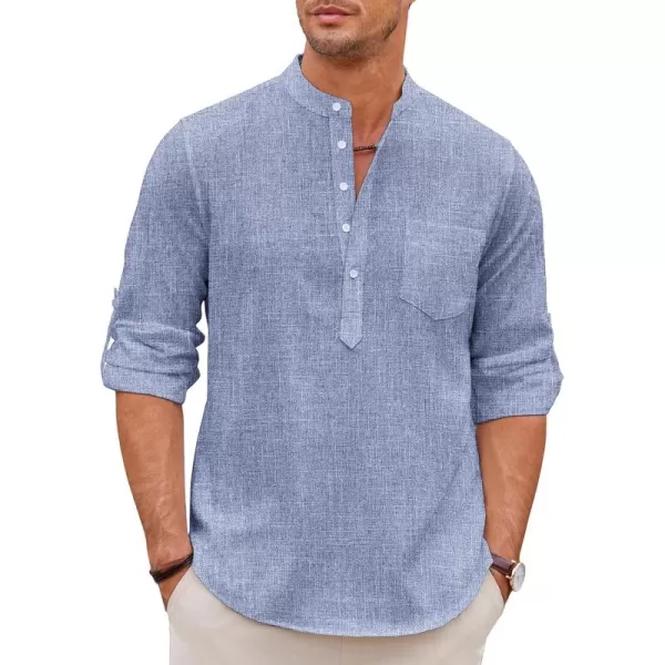 COOFANDY Men's Casual Henley Shirts Long Sleeve Band Collar Summer Linen Beach Hippie T Shirts with Pocket