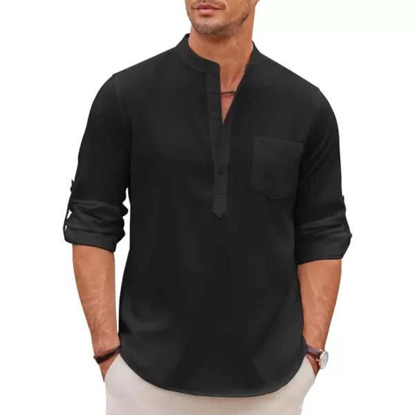 COOFANDY Men's Casual Henley Shirts Long Sleeve Band Collar Summer Linen Beach Hippie T Shirts with Pocket