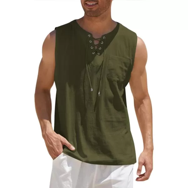 COOFANDY Men's Cotton Linen Tank Top Shirts Casual Sleeveless Lace Up Beach Hippie Tops Bohemian Renaissance Pirate Tunic