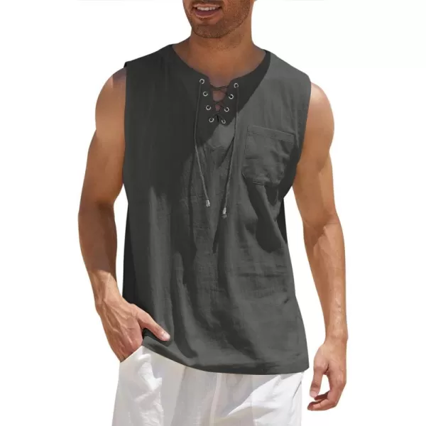 COOFANDY Men's Cotton Linen Tank Top Shirts Casual Sleeveless Lace Up Beach Hippie Tops Bohemian Renaissance Pirate Tunic