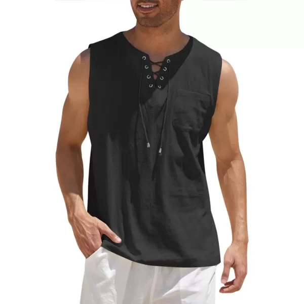 COOFANDY Men's Cotton Linen Tank Top Shirts Casual Sleeveless Lace Up Beach Hippie Tops Bohemian Renaissance Pirate Tunic
