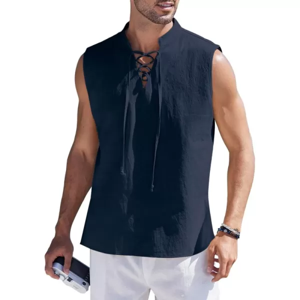 COOFANDY Mens Cotton Linen Tank Tops Beach Casual Sleeveless Henley Tank Shirts Black