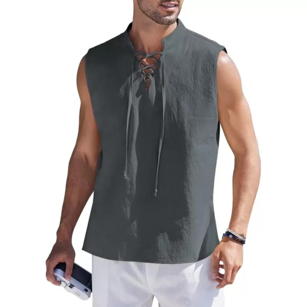 COOFANDY Mens Cotton Linen Tank Tops Beach Casual Sleeveless Henley Tank Shirts Black