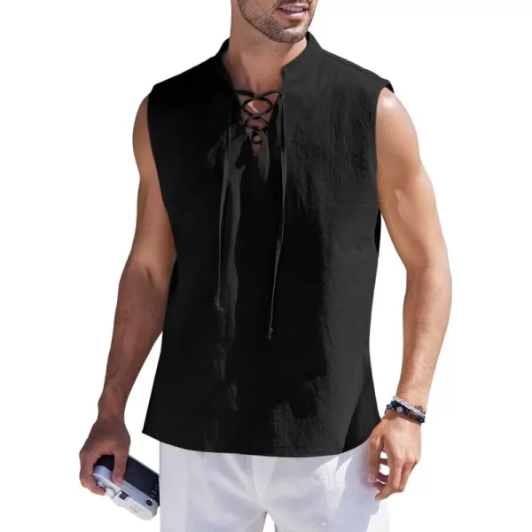 COOFANDY Mens Cotton Linen Tank Tops Beach Casual Sleeveless Henley Tank Shirts Black
