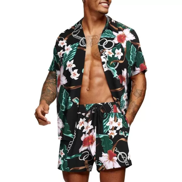 COOFANDY Men's Hawaiian Matching Set Summer Beach 2 Piece Outfits Flower Shirts and Shorts