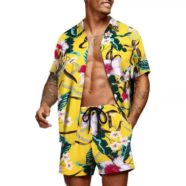 COOFANDY Men's Hawaiian Matching Set Summer Beach 2 Piece Outfits Flower Shirts and Shorts