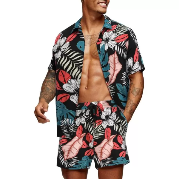 COOFANDY Men's Hawaiian Matching Set Summer Beach 2 Piece Outfits Flower Shirts and Shorts