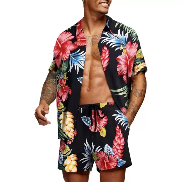 COOFANDY Men's Hawaiian Matching Set Summer Beach 2 Piece Outfits Flower Shirts and Shorts