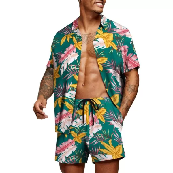 COOFANDY Men's Hawaiian Matching Set Summer Beach 2 Piece Outfits Flower Shirts and Shorts