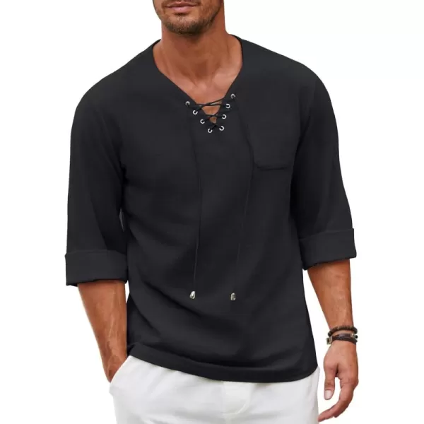 COOFANDY Mens Linen Beach Tee Shirts Cotton Hippie Shirts V Neck Long Sleeve Tunic Big and Tall Yoga Shirt