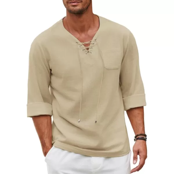 COOFANDY Mens Linen Beach Tee Shirts Cotton Hippie Shirts V Neck Long Sleeve Tunic Big and Tall Yoga Shirt