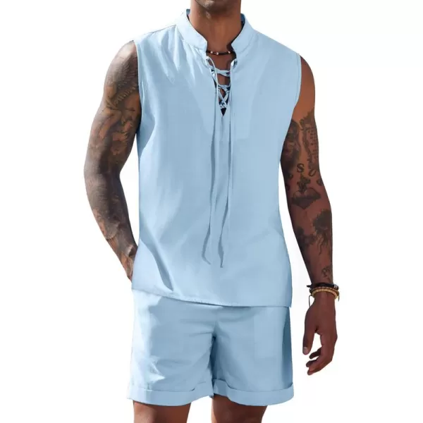 COOFANDY Men's Linen Sets 2 Piece Beach Outfits Lace Up Hippie Tank Tops Summer Casual Sleeveless Shirts Matching Shorts Set