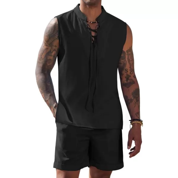 COOFANDY Men's Linen Sets 2 Piece Beach Outfits Lace Up Hippie Tank Tops Summer Casual Sleeveless Shirts Matching Shorts Set