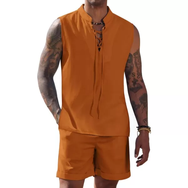 COOFANDY Men's Linen Sets 2 Piece Beach Outfits Lace Up Hippie Tank Tops Summer Casual Sleeveless Shirts Matching Shorts Set