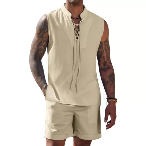 COOFANDY Men's Linen Sets 2 Piece Beach Outfits Lace Up Hippie Tank Tops Summer Casual Sleeveless Shirts Matching Shorts Set