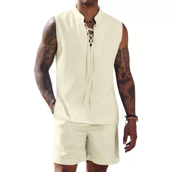 COOFANDY Men's Linen Sets 2 Piece Beach Outfits Lace Up Hippie Tank Tops Summer Casual Sleeveless Shirts Matching Shorts Set
