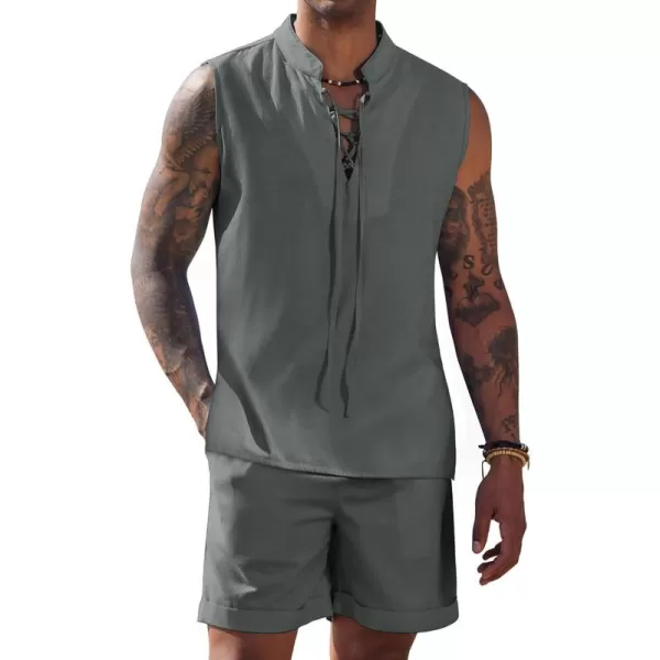 COOFANDY Men's Linen Sets 2 Piece Beach Outfits Lace Up Hippie Tank Tops Summer Casual Sleeveless Shirts Matching Shorts Set