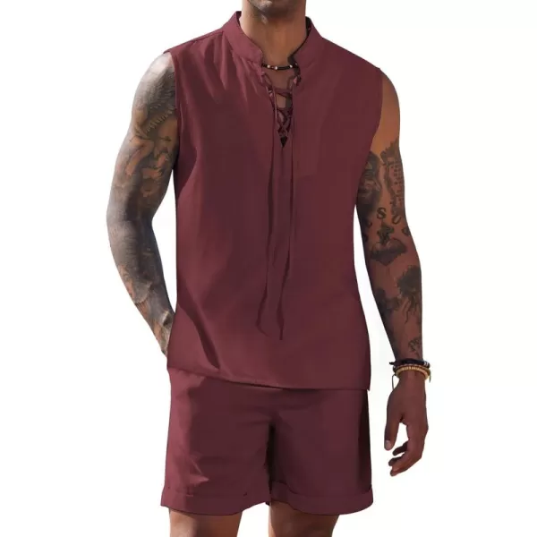 COOFANDY Men's Linen Sets 2 Piece Beach Outfits Lace Up Hippie Tank Tops Summer Casual Sleeveless Shirts Matching Shorts Set