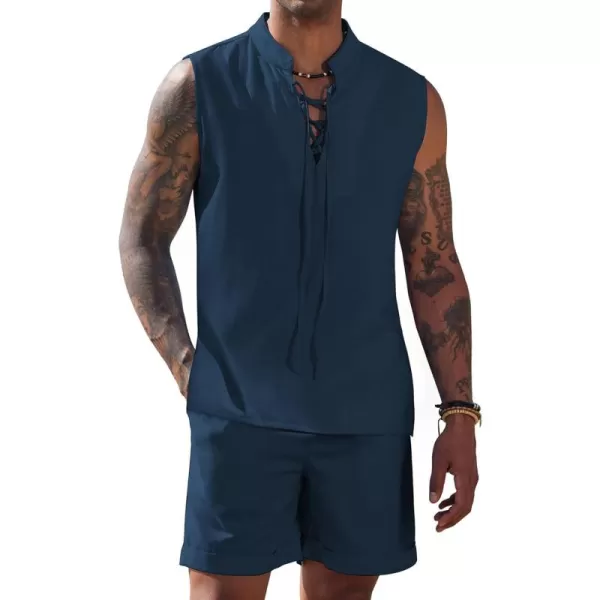COOFANDY Men's Linen Sets 2 Piece Beach Outfits Lace Up Hippie Tank Tops Summer Casual Sleeveless Shirts Matching Shorts Set