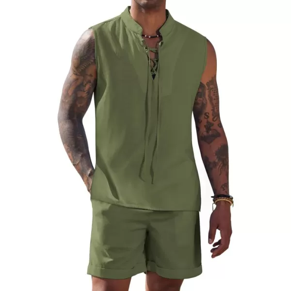 COOFANDY Men's Linen Sets 2 Piece Beach Outfits Lace Up Hippie Tank Tops Summer Casual Sleeveless Shirts Matching Shorts Set