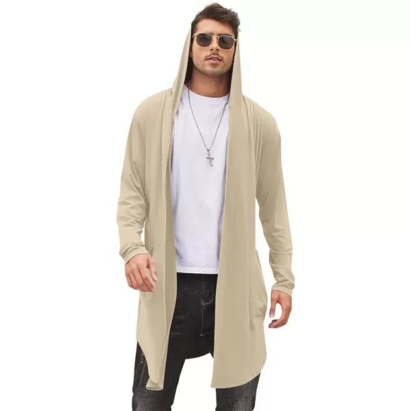 COOFANDY Men's Long Hooded Cardigan Shawl Collar Lightweight Open Front Drape Cape Overcoat with Pockets