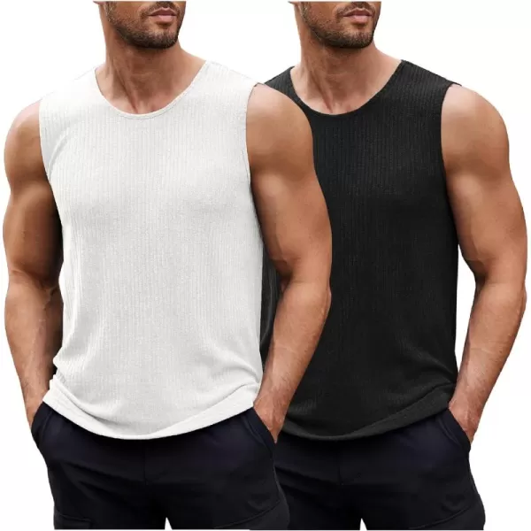 COOFANDY Men's Ribbed Knit Tank Tops Sleeveless Beach Muscle T Shirts Casual Basic Tank Shirts 2 Pack