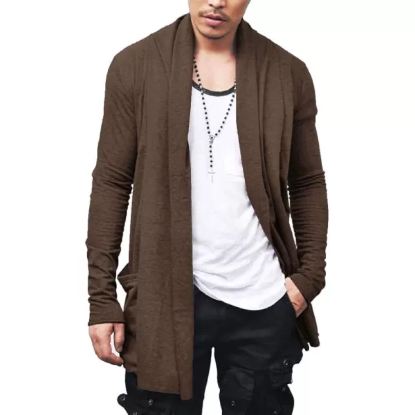 COOFANDY Men's Ruffle Shawl Collar Cardigan Open Front Lightweight Long Length Drape Cape Overcoat with Pockets