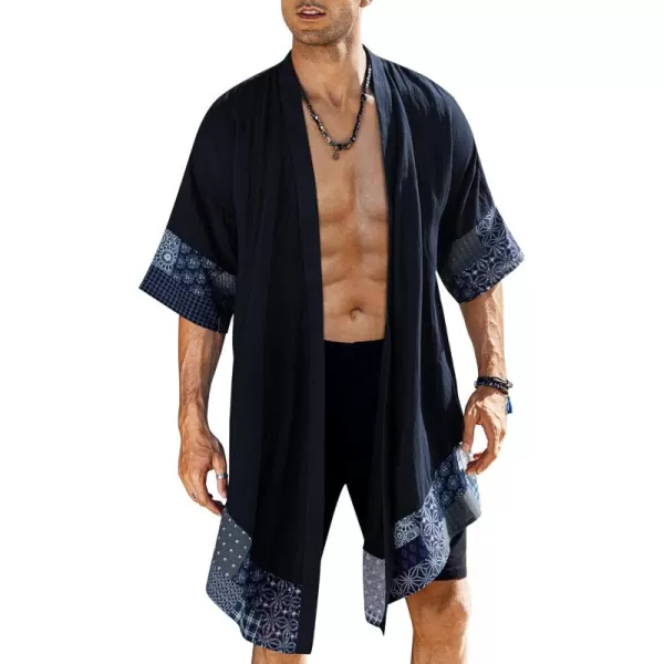 COOFANDY Men's Ruffle Shawl Collar Cotton Cardigan Long Kimono Jackets Open Front Drape Cape Coat