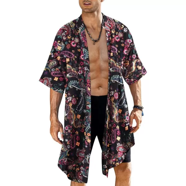 COOFANDY Men's Ruffle Shawl Collar Cotton Cardigan Long Kimono Jackets Open Front Drape Cape Coat)