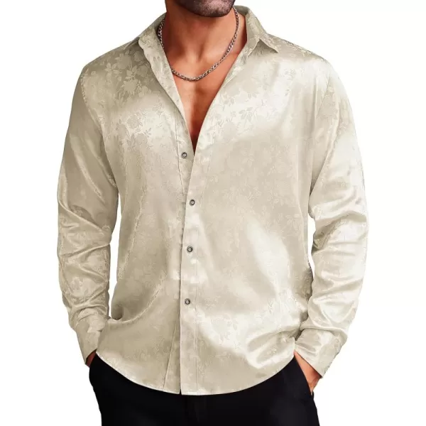 COOFANDY Men's Silk Satin Dress Shirts Jacquard Long Sleeve Floral Button Up Shirts Party Prom Wedding Shirt