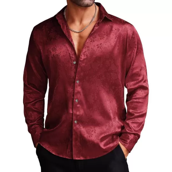 COOFANDY Men's Silk Satin Dress Shirts Jacquard Long Sleeve Floral Button Up Shirts Party Prom Wedding Shirt